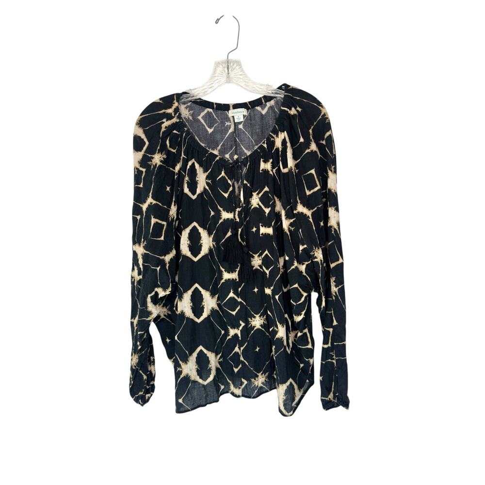 Sundance Blouse Black‎ Tan Lightweight Long Sleeve Boho Bohemian Tassel Small